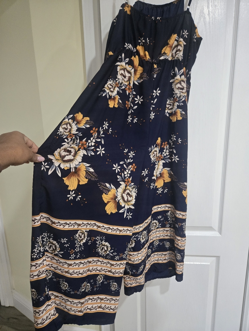 Floral Navy Wide-Leg Jumpsuit with Mustard Accents
